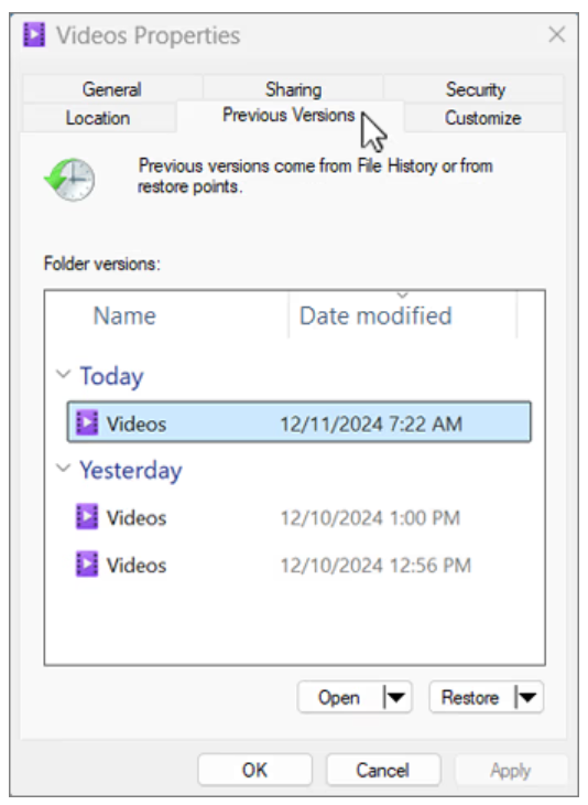 restore from file history